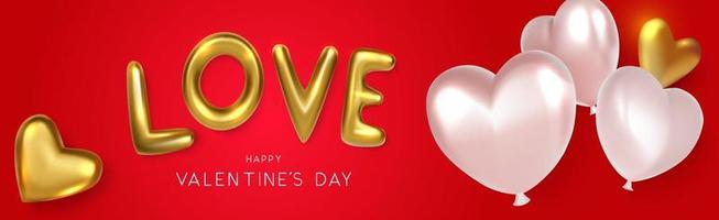 horizontal love banner with heart balloons on red background vector