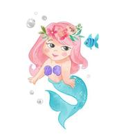 Cute Little Mermaid with Floral Crown Illustration vector