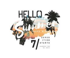 hello summer slogan on beach palm sunset background illustration vector