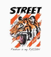 roaring tiger head graphic illustration on ripping stripe background vector