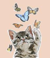 cute cat playing with butterflies illustration vector