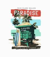 paradise slogan with beach hut and surfboards on colorful stripe background vector