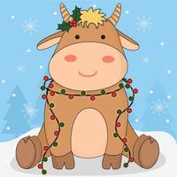 Baby cow bull cute animal character with holly berry and Christmas light garland on winter background with snowflakes and xmas tree. Christmas, New Year greeting card vector