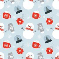 Christmas seamless pattern with cute snowman, snow globe, mittens, Christmas toy, coffee mug and snowflakes. Vector illustration in hand drawn scandinavian childish style