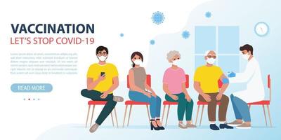 People are sitting in line for a coronavirus vaccine. Let s stop covid 19 landing page. Vector illustration in flat style