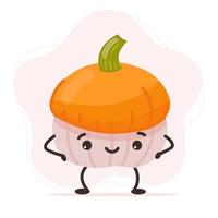 Cute happy pumpkin character with hat. Funny vegetable emoticon vector