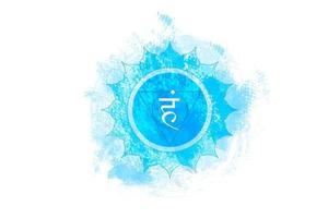 quinto chakra de visuddha, plantilla de logotipo del chakra de la garganta en estilo acuarela. mandala azul. mantra de semillas en sánscrito hindú vam, símbolo de meditación, yoga. vector aislado sobre fondo blanco