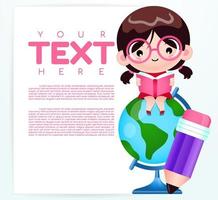 Cute Girl Sitting On The World Globe With Banner. vector