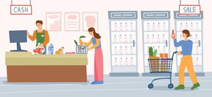 Supermarket background. Market staff and customers counting goods. vector