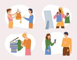 People are shopping in a clothing store with their friends. vector