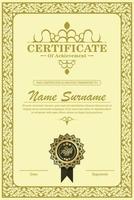 Certificate of achievement template in vector with applied Thai line in yellow gold tone