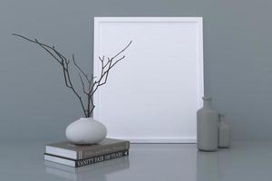 White empty photo frame mockup with vases and books