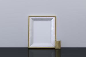Empty golden frame mockup with candle on floor