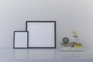 decoración minimalista del interior del hogar con dos maquetas de marcos de fotos en el estante blanco con libros
