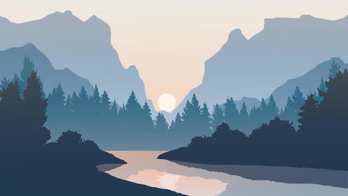 Mountain in Silhouette with River