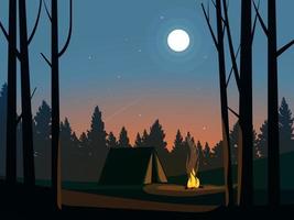 hermosa noche en el bosque con campamento y fuego vector