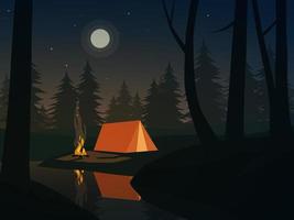 noche tranquila en el bosque con campamento y fuego vector