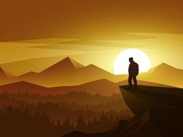 Man on Hill Top at Sunset vector