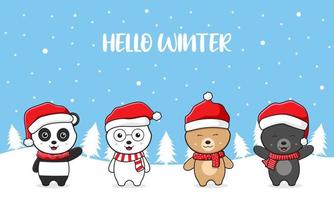 Cute teddy polar bear family greeting hello winter and christmas cartoon doodle card illustration vector