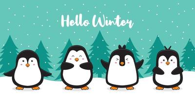 linda familia de pingüinos con nieve saludo hola invierno dibujos animados doodle tarjeta ilustración de fondo vector