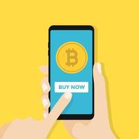 Bitcoin on the screen of a mobile phone with Buy now button. vector