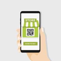 Scan to buy, Online market. Smartphone with QR code. Scan and pay. vector