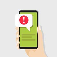 Hand holding smartphone with speech bubble and exclamation point icon. vector