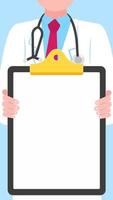 Close-up doctor holding a clipboard without text for stories. Paper for writing or useful information flat style design isolated on light blue background. Male man, hospital employee, stethoscope. vector