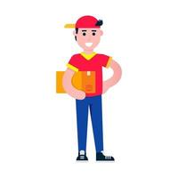 Ilustración de vector de diseño de estilo plano de personaje de chico de entrega rápida. repartidor con la caja en sus manos. símbolo de la empresa de entrega. rápido y gratis.