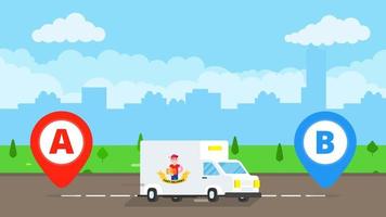 Fast delivery truck service on the road. Car van with landscape behind flat style design and map pins A and B vector illustration isolated on light blue background.  Symbol of delivery company.