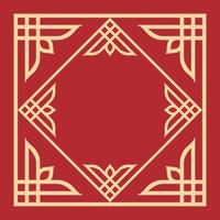 Marco de adorno oriental vintage sobre fondo rojo. Arte decorativo del marco del estampado de flores para la tarjeta de felicitación del año nuevo chino. vector