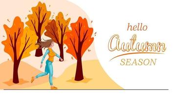 Banner hello autumn. Girl runs on the background of the autumn park. vector