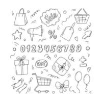Super sale monochrome set of elements, Black Friday doodle icons. Vector illustration in a hand drawn style. Icons collection for shopping