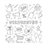 Super venta monocromo conjunto de elementos, iconos de doodle de viernes negro. ilustración vectorial en un estilo dibujado a mano. colección de iconos para ir de compras vector