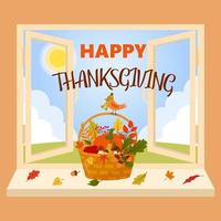 Happy Thanksgiving basket on the window. vector