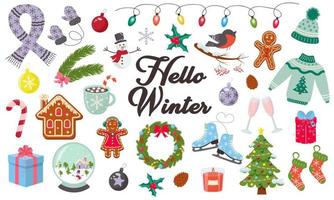 Hello winter and Merry Christmas set of elements. vector