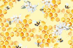 seamless pattern of bees and honeycomb and flowers with watercolor.Honey background. Designed for fabric luxurious and wallpaper, vintage style. vector