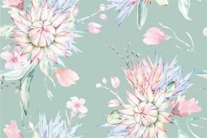 Seamless pattern of protea painted in watercolor on pastel background.Designed for fabric luxurious and wallpaper, vintage style.Hand drawn botanical floral pattern.Wild flower pattern background. vector