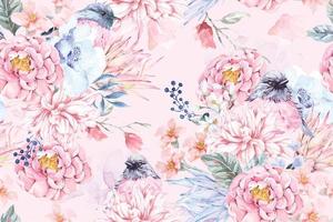 Seamless pattern of rose,bird and Blooming flowers with watercolor on pastel background.Designed for fabric luxurious and wallpaper, vintage style.Floral pattern illustration.Botany garden. vector