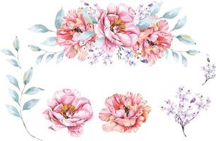 Bouquet of peony painted with watercolors.Hand drawn floral illustration.For wedding and valentine.Vintage style.Blooming pink flower painting for summer. vector