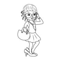 hermosa chica fashionista en los zapatos de su madre con un bolso. Ilustración de vector doodle.