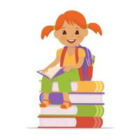 The concept of a reading girl with a briefcase sitting on a stack of books. Vector cartoon illustration.