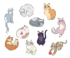 Conjunto de gatos garabatos de moda en diferentes poses para el diseño de decoración vector