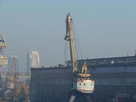 Port cranes for cargo transportation in the port logistics complex photo