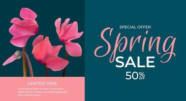 Spring Special Offer Sale Background Poster Natural Cyclamen Flowers and Leaves Template. Vector Illustration