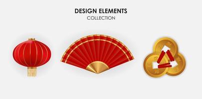 Realistic 3d Chinese Holiday Design Elements hanging lanterns and gold coins collection set. Vector Illustration EPS10