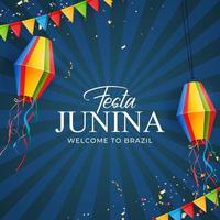 Festa Junina Background with Party Flags, Lantern. Brazil June Festival Background for Greeting Card, Invitation on Holiday. Vector Illustration