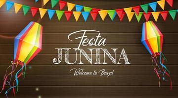 Festa Junina Background with Party Flags, Lantern. Brazil June Festival Background for Greeting Card, Invitation on Holiday. Vector Illustration