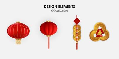 Realistic 3d Chinese Holiday Design Elements hanging lanterns and gold coins collection set. Vector Illustration EPS10