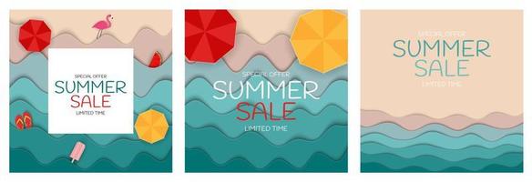 Summer Sale paper Cut Template Background Collection Poster Set. Special offer vector illustration